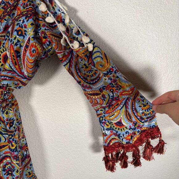 Womens Multicolor Paisley Print Cold Shoulder Long Sleeve Tassel Hem Midi Dress - Picture 7 of 9